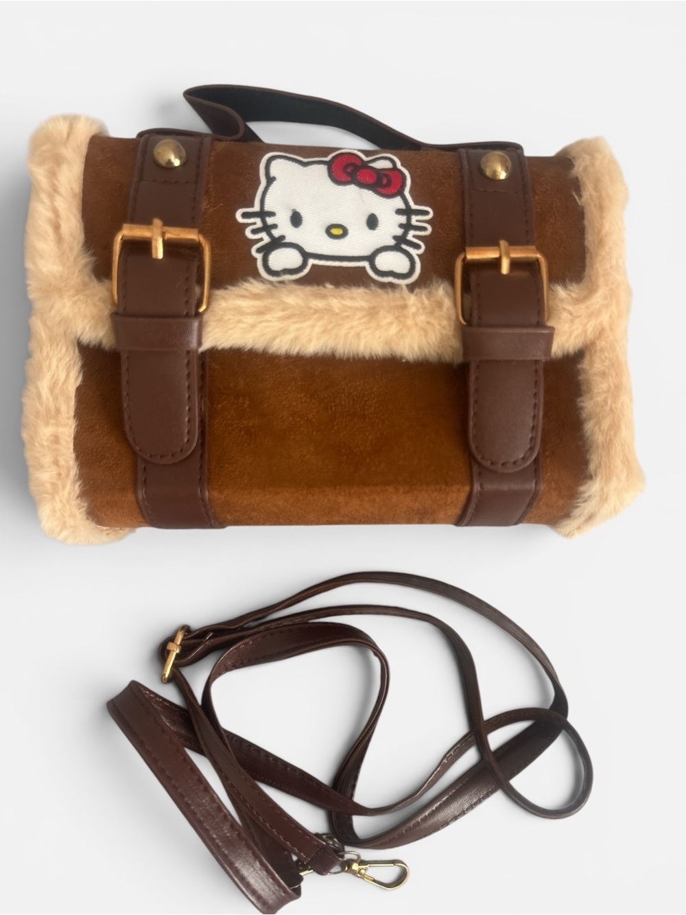 Hello Kitty Brown and Cream Faux Fur Kids Crossbody Bag